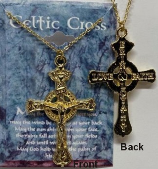 Irish Celtic Cross Crucifix 2-Sided Necklace Gold Plate